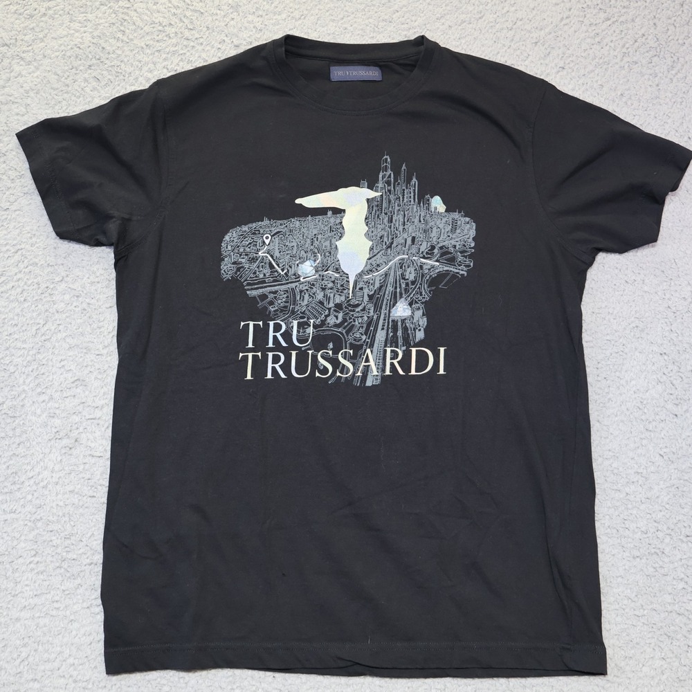 Tru Trussardi Mens XL Black Graphic Cityscape Logo T-Shirt Short‎ Sleeve Cotton